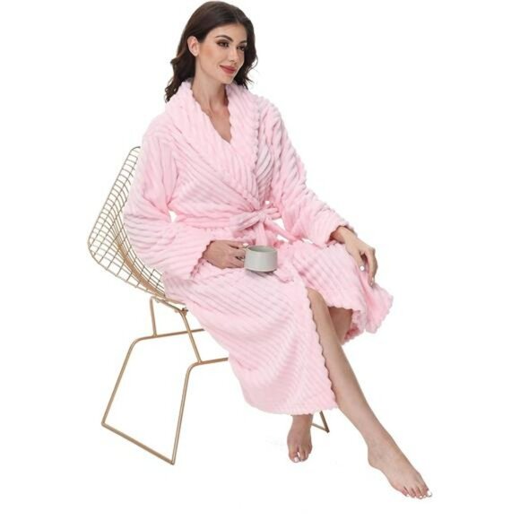 Womens Long Fleece Robe Soft Plush Bathrobe with Pockets Warm Cozy Sleepwear - Picture 5 of 6
